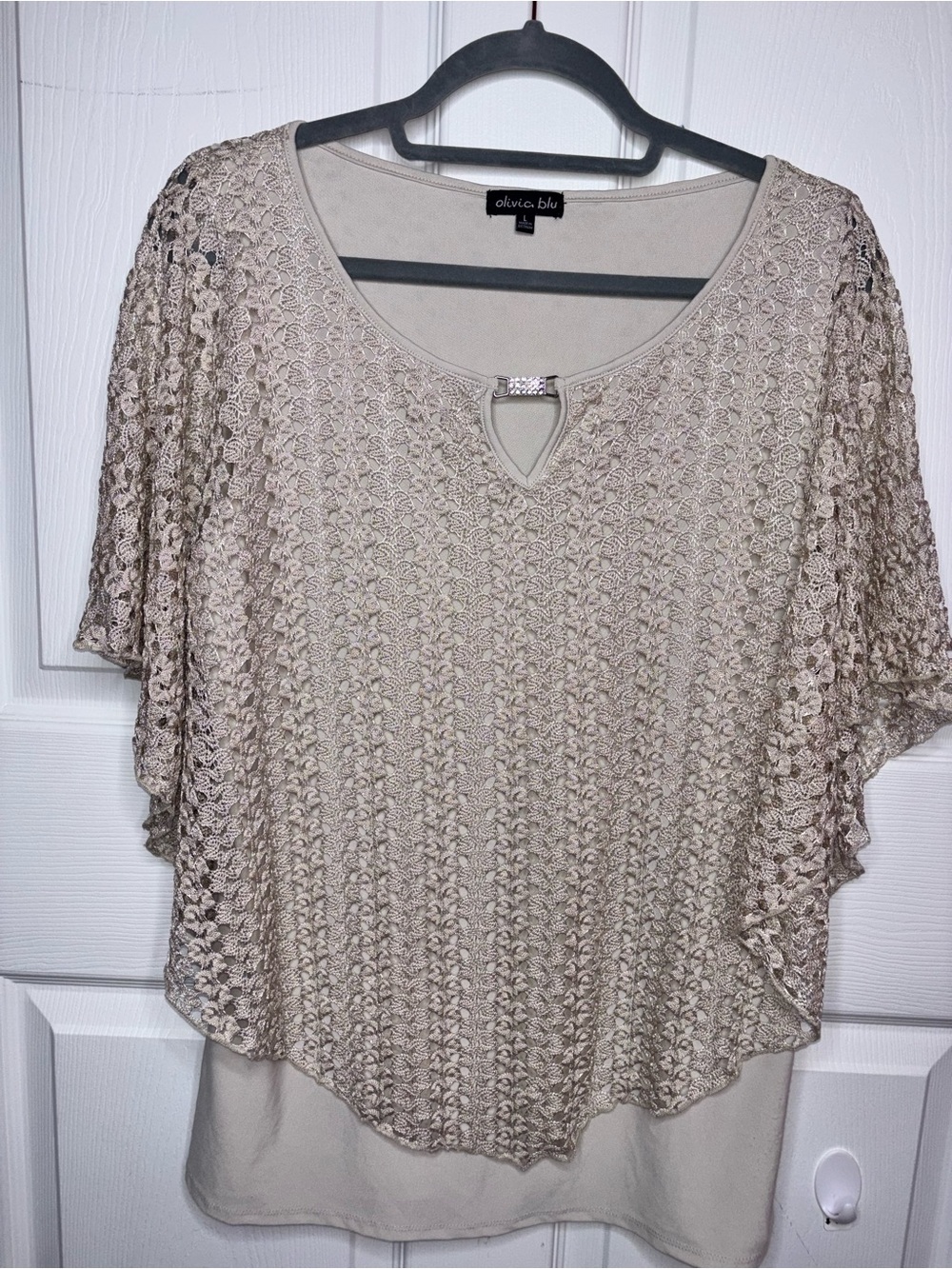 Olivia Blu Taupe Crochet-Overlay Blouse with Decorative Keyhole